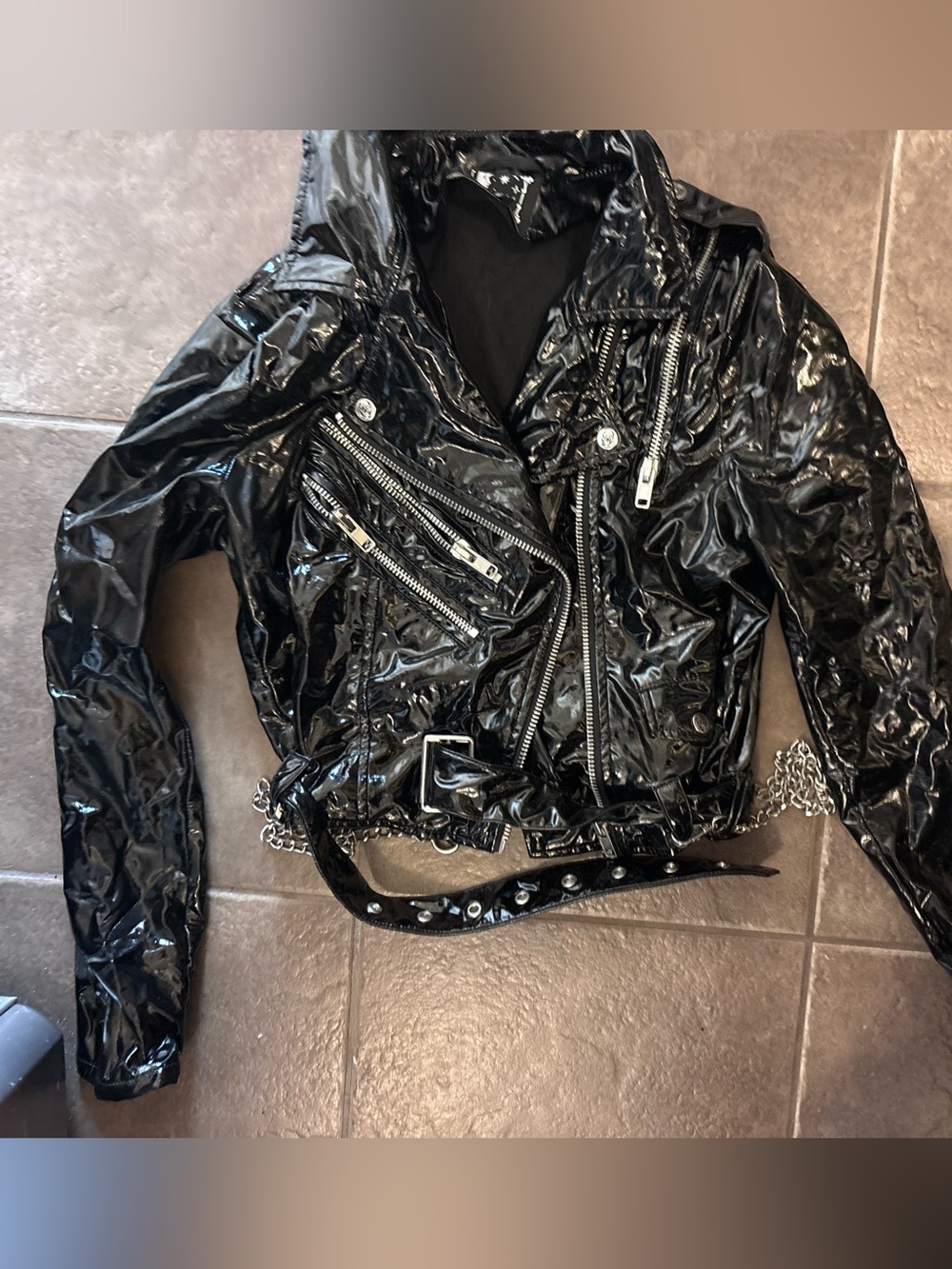 Killstar Vegan Black Patent Biker Jacket with Chains & Belts